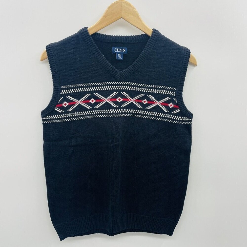 Chaps Youth Boys Size Large 14/16 Printed V Neck Sweater Vest in Black 2247